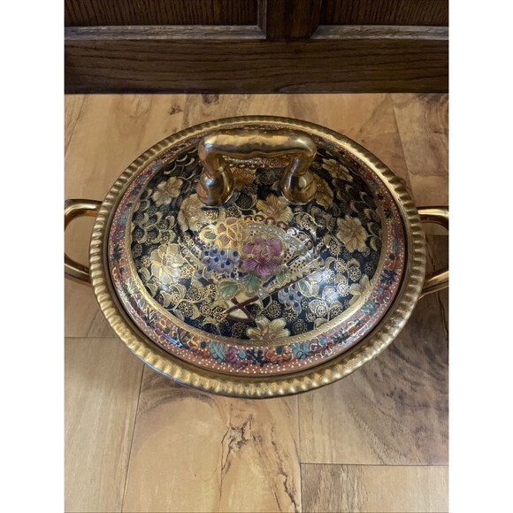 VTG Satsuma Hand Painted Decorated Moriage & Gilt Geishas Covered Footed Dish - Picture 2 of 16